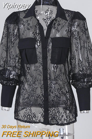 Yipinpay Women Sexy Solid Lace Lantern Sleeves Button and Pocket Deco Black BlousesTops